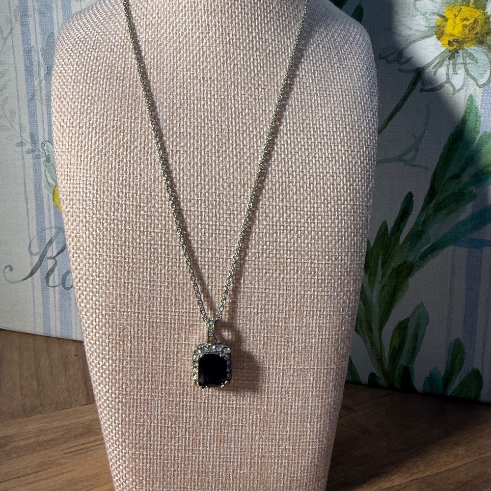 Vintage Faux Blue Sapphire And Diamond Pendant Silver Tone Chain Necklace